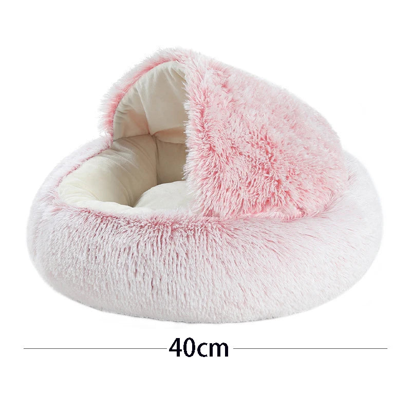 Plush Hooded Pet Bed round Fluffy Soft Cat Bed Pet Cushion Warm Cat Dog 2 in 1 Sleeping Nest Cave for Small Dogs