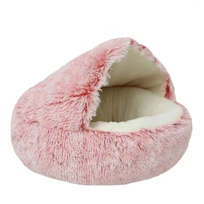 Plush Hooded Pet Bed round Fluffy Soft Cat Bed Pet Cushion Warm Cat Dog 2 in 1 Sleeping Nest Cave for Small Dogs