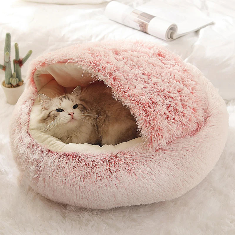 Plush Hooded Pet Bed round Fluffy Soft Cat Bed Pet Cushion Warm Cat Dog 2 in 1 Sleeping Nest Cave for Small Dogs