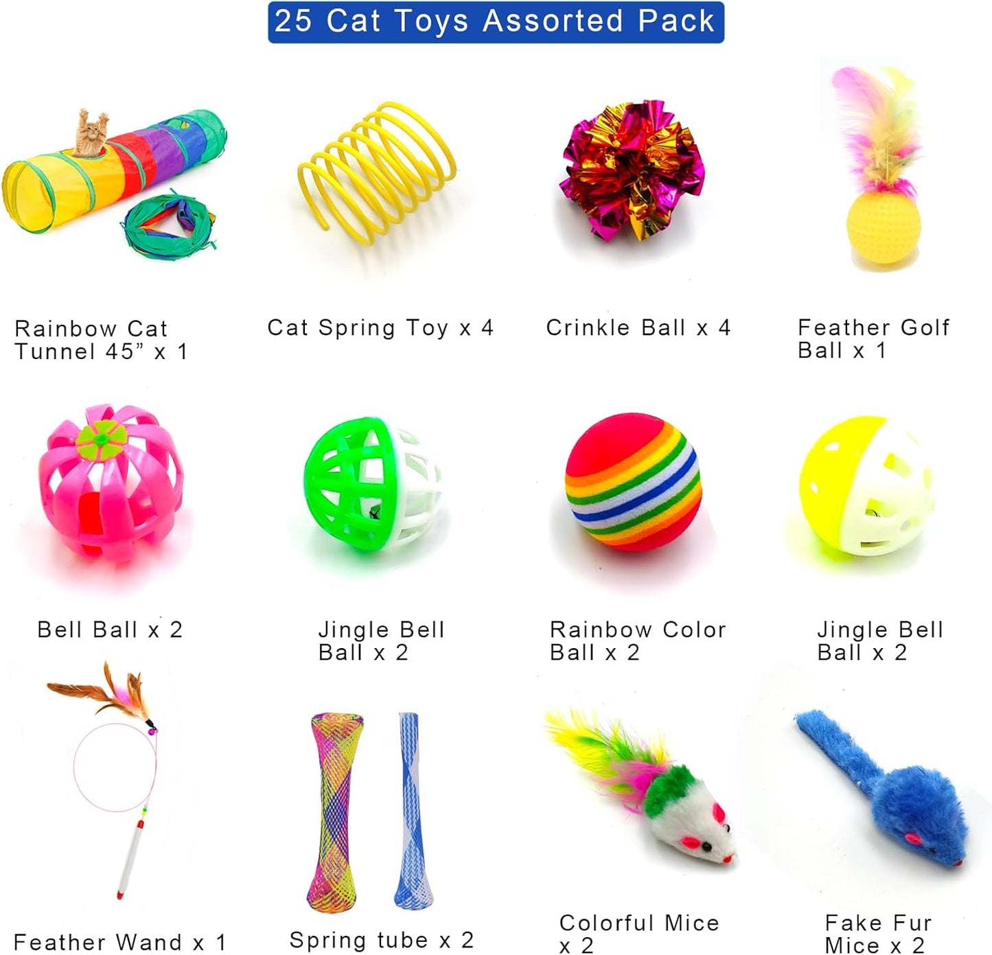 Cat Toys for Indoor Cats Interactive, 25 Assorted Cat Stuff Toys Pack Including Crinkle Tunnel Ball Wand Teaser Feather Mouse Mice Spring Assortment Kit for Cats Kittens Rabbits Puppies